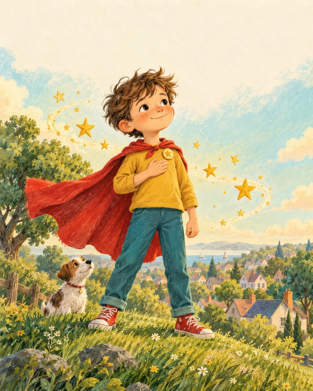 Oliver wearing his superhero cape on a sunny hill